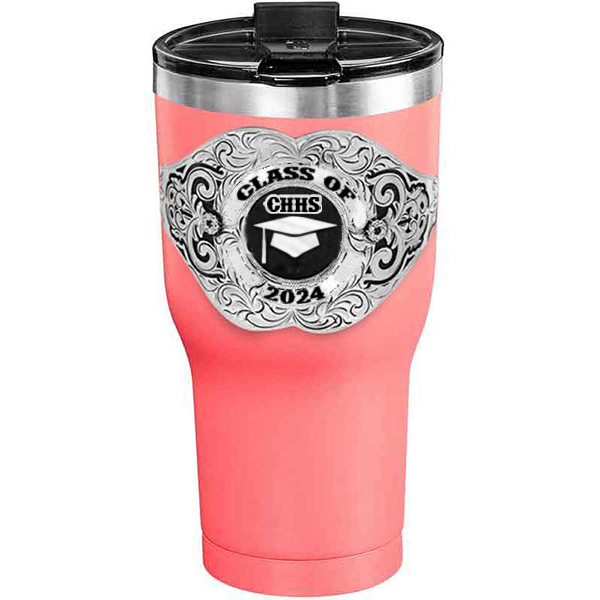 A customized tumbler made of stainless steel with a personalized engraved Class of 2024 lettering with graduate cap figure, 30 oz, ideal for coffee or cool drinks